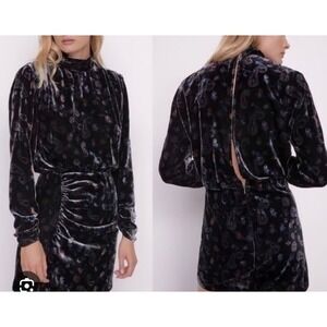 Zara Velvet Dress Women's‎ XS Black Paisley Long Sleeve Semi Open Back Ruched